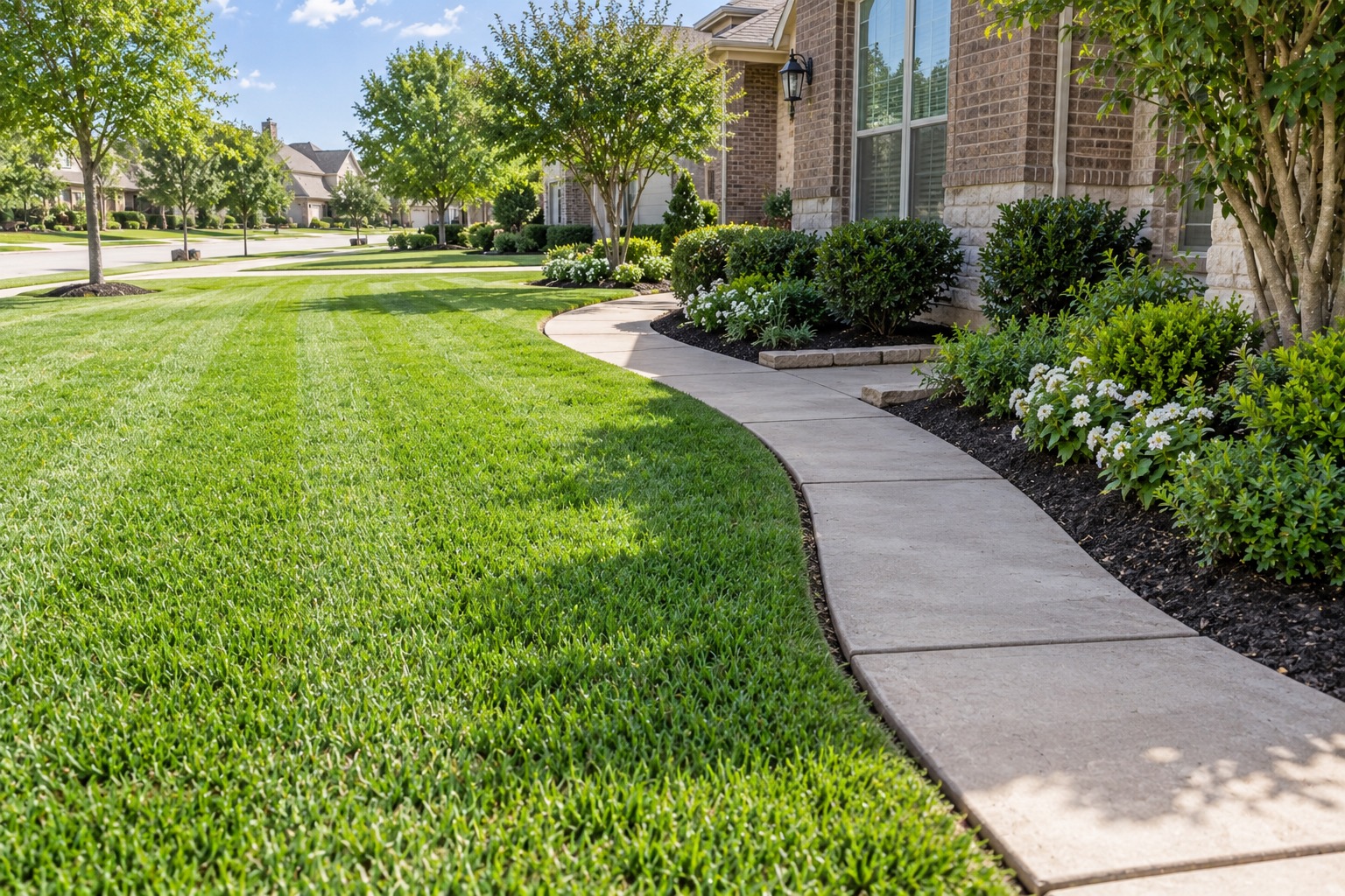 Well-maintained St. Augustine lawn and landscaped bed along a Cypress-style home's front walkway