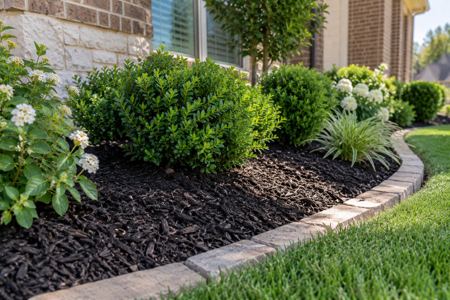 Mulched landscaping bed with trimmed shrubs and stone border along a home's foundation