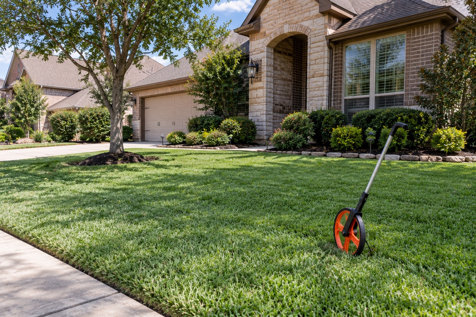 Measuring wheel across a Cypress-style front lawn used to estimate square footage for a sod quote