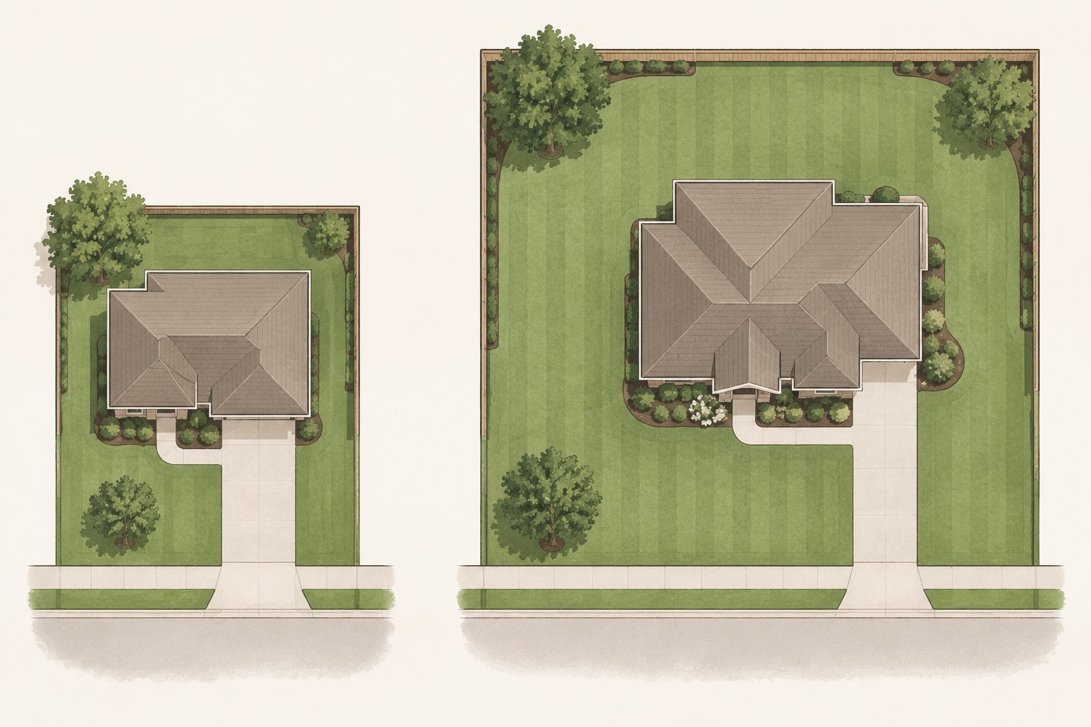 Illustrated comparison of a small lot and a large lot, showing how total yard size scales sod installation cost