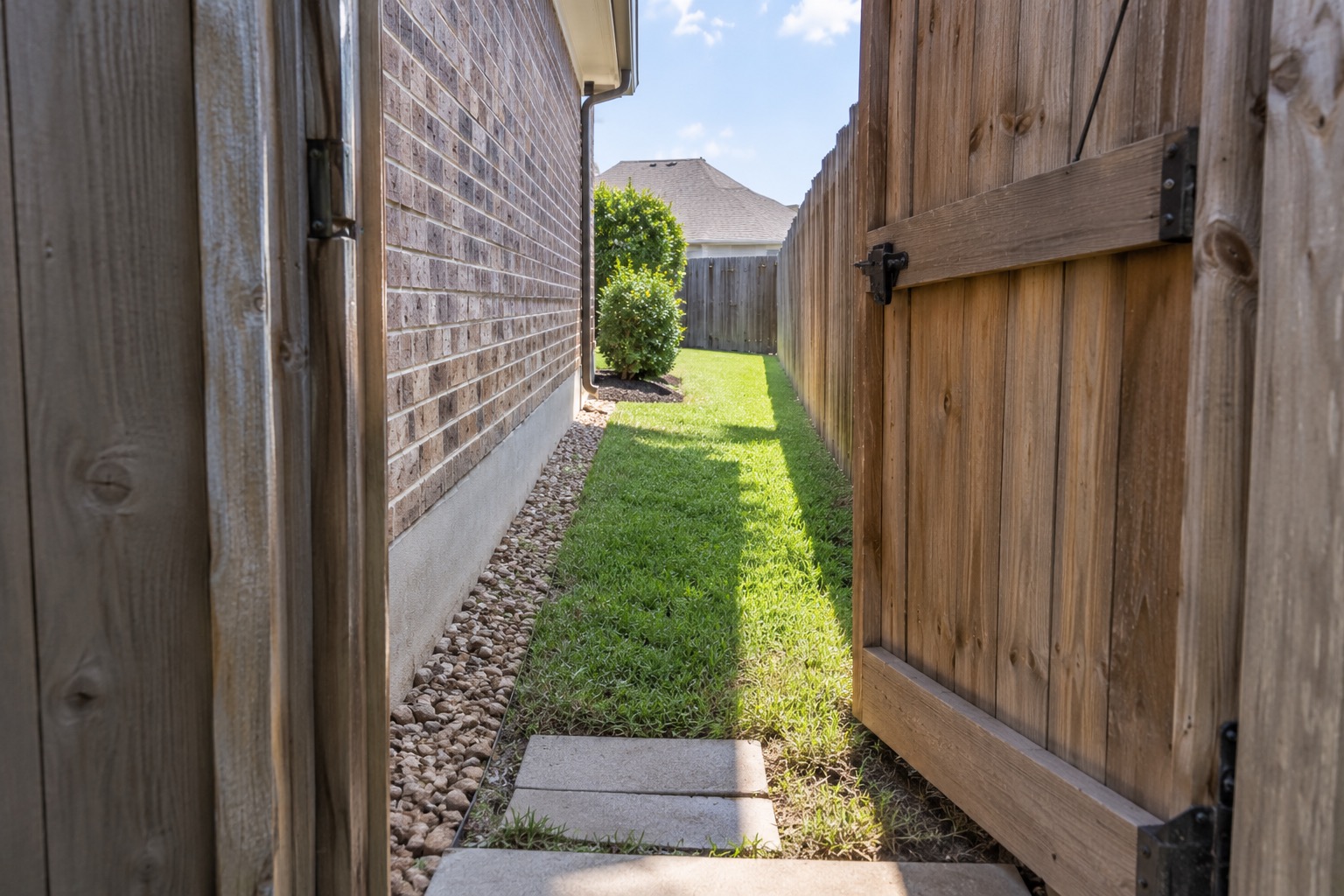 Narrow side-yard gate leading to a backyard, showing the kind of access constraint that affects sod delivery labor