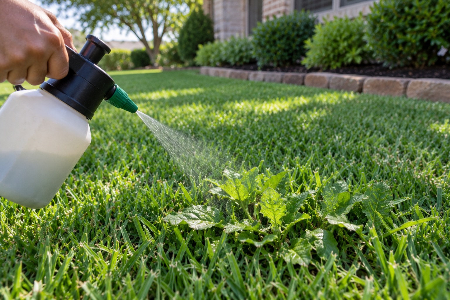 Hand spraying a broadleaf weed growing in a Cypress-style front lawn with a pump sprayer