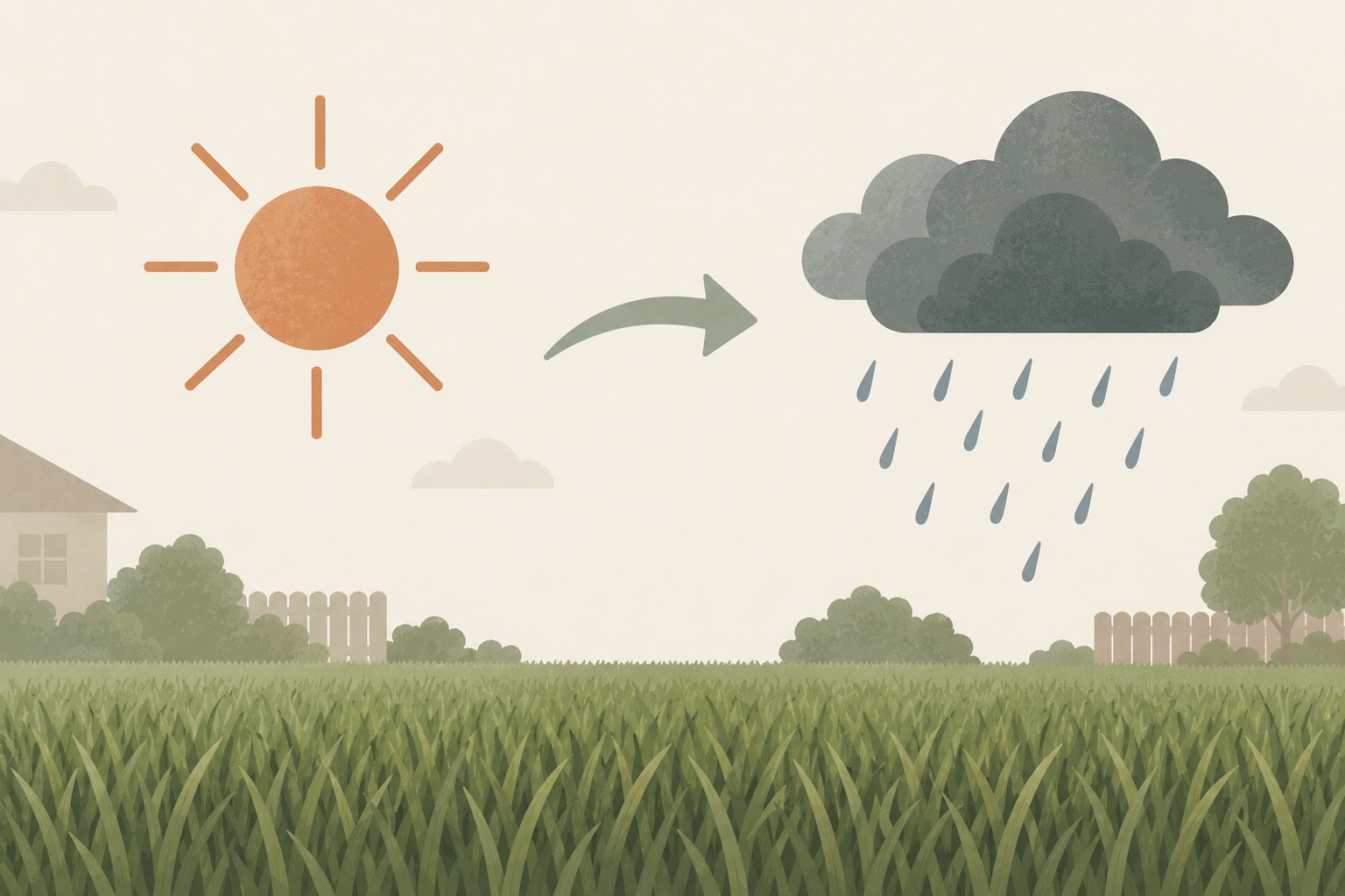 Illustrated sun-to-rain graphic showing how weather timing affects weed treatment absorption