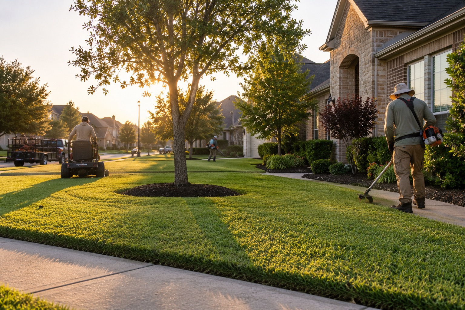 Lawn care crew mowing and trimming a front yard in a Cypress-style neighborhood at dusk