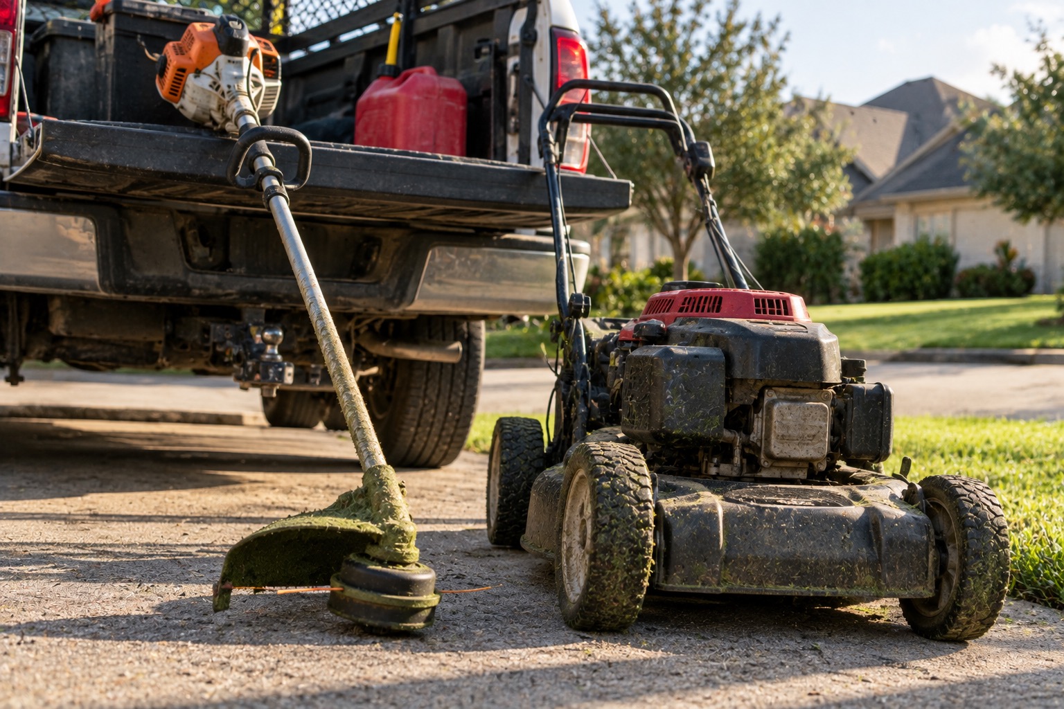 Trimmer and push mower sitting at the truck tailgate between lawn jobs