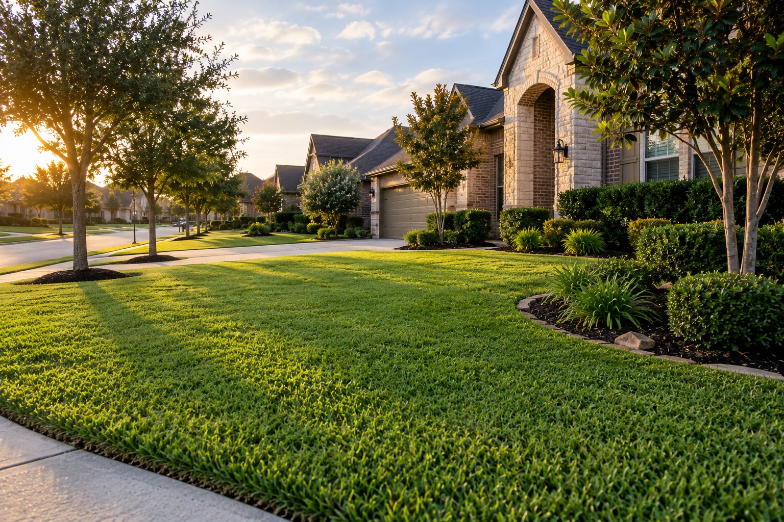 Finished, freshly mowed and edged front lawn in a Cypress, TX neighborhood