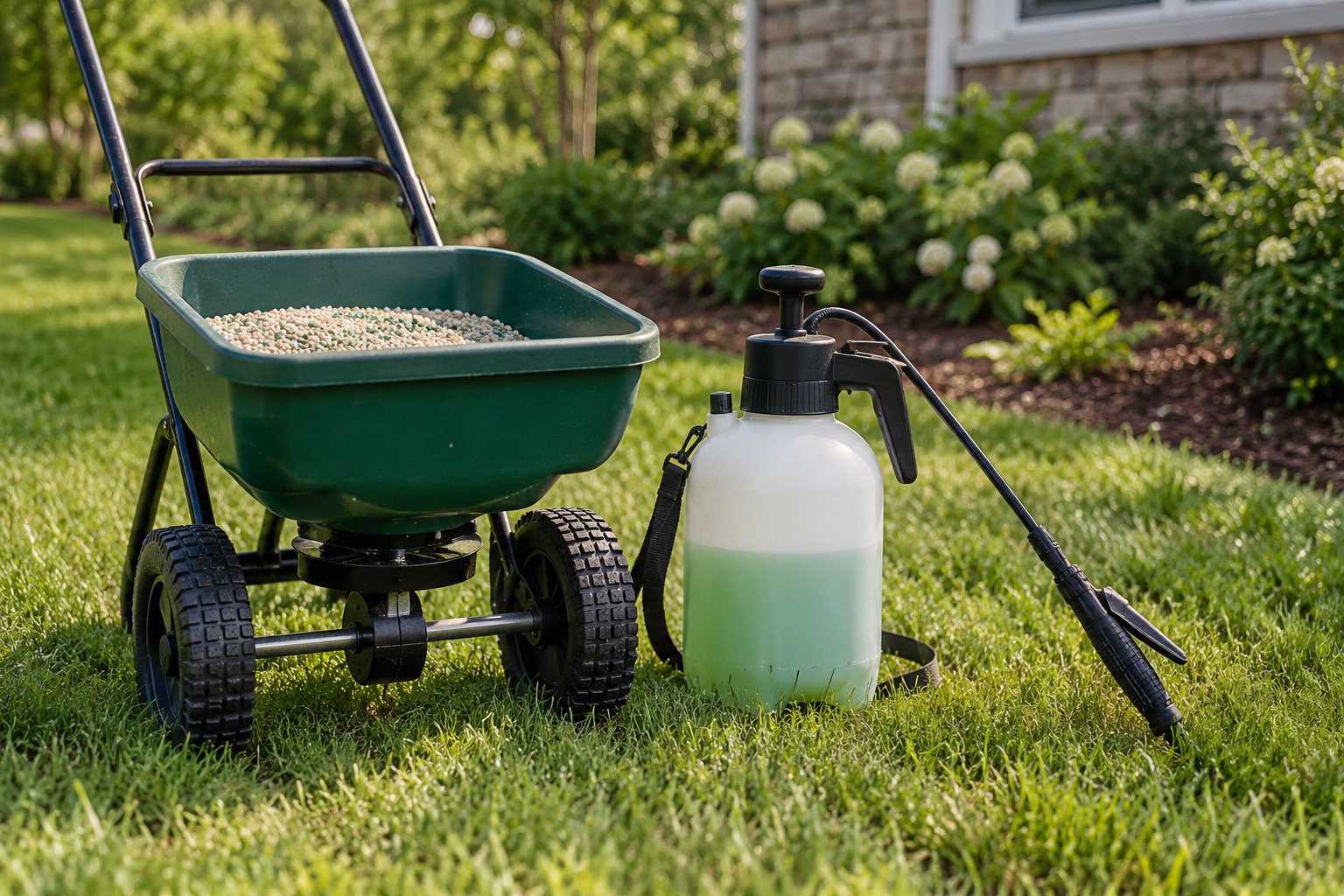 A granular spreader and a pump sprayer sitting side by side on a lawn, representing pre-emergent and post-emergent treatments