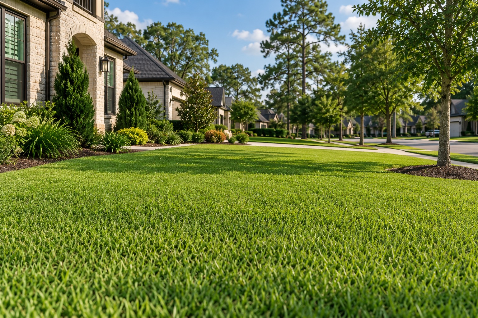Healthy, weed-free green lawn in a Cypress, TX neighborhood
