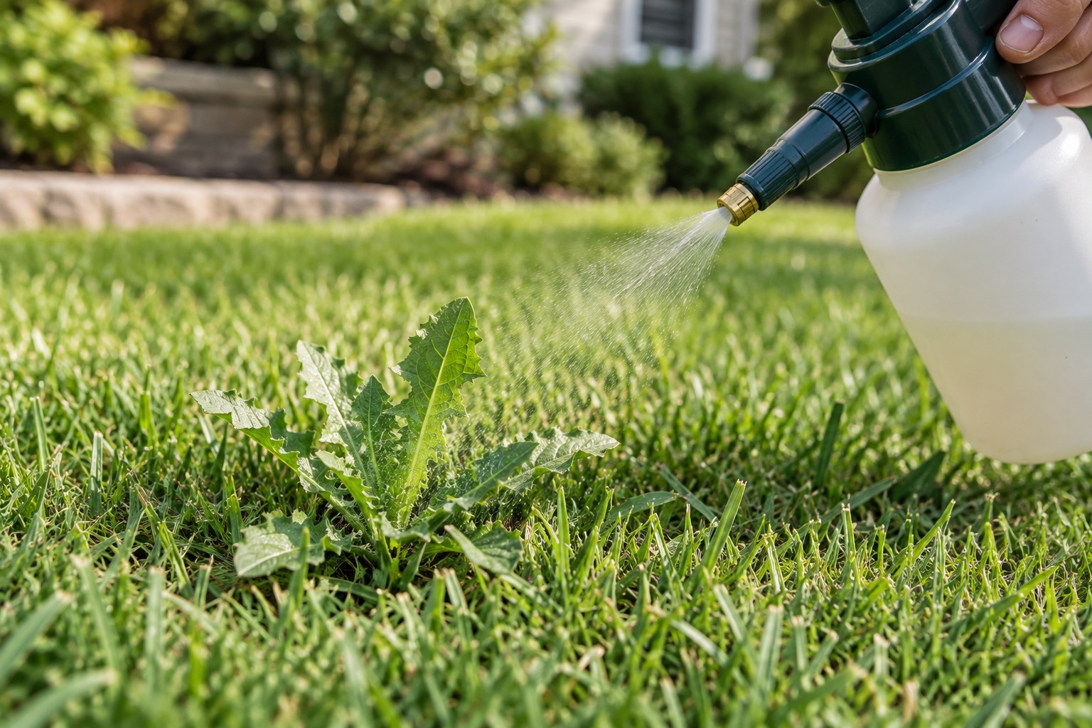 A hand using a pump sprayer to treat a broadleaf weed growing in a lawn