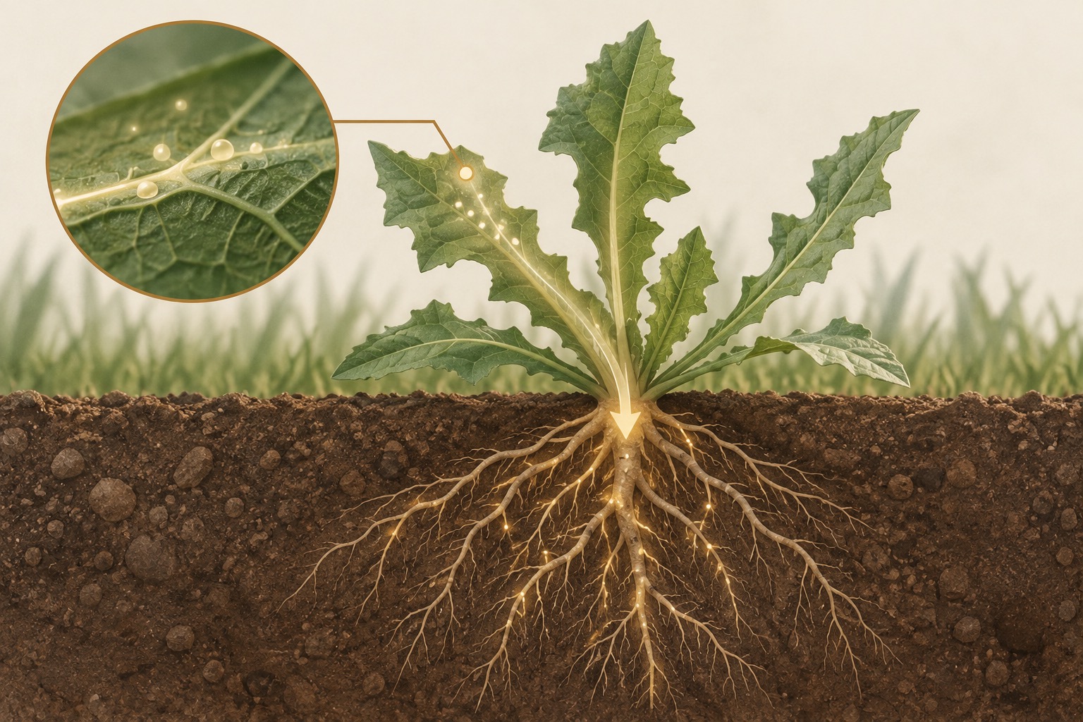 Illustrated cross-section of a weed showing herbicide absorbing through the leaf and moving down to the root system