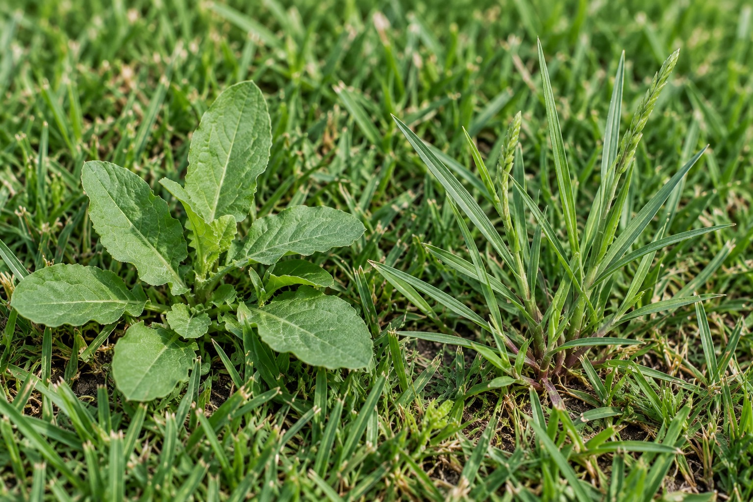 A broadleaf weed growing next to a grassy weed, showing the two different leaf structures selective and non-selective herbicides respond to