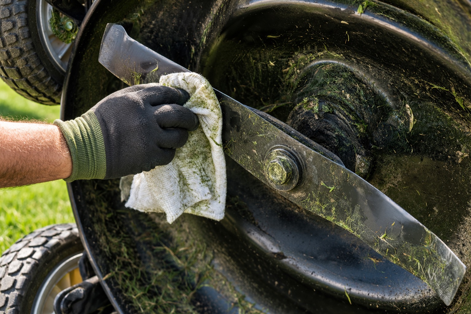 A hand cleaning grass clippings off a mower blade to avoid spreading fungus between areas of the lawn