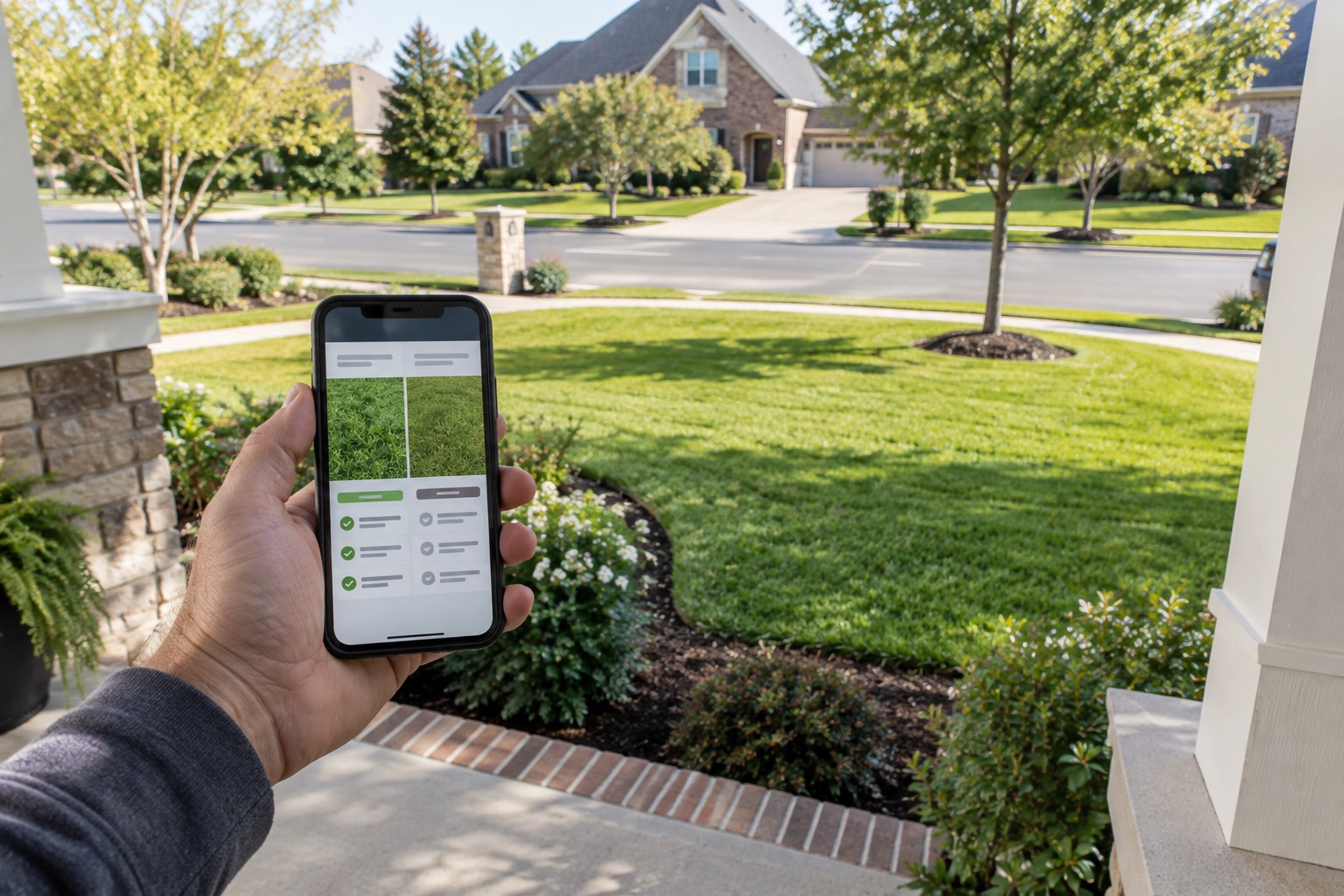 A hand holding a phone displaying a lawn comparison app, with a Cypress-style front yard in the background