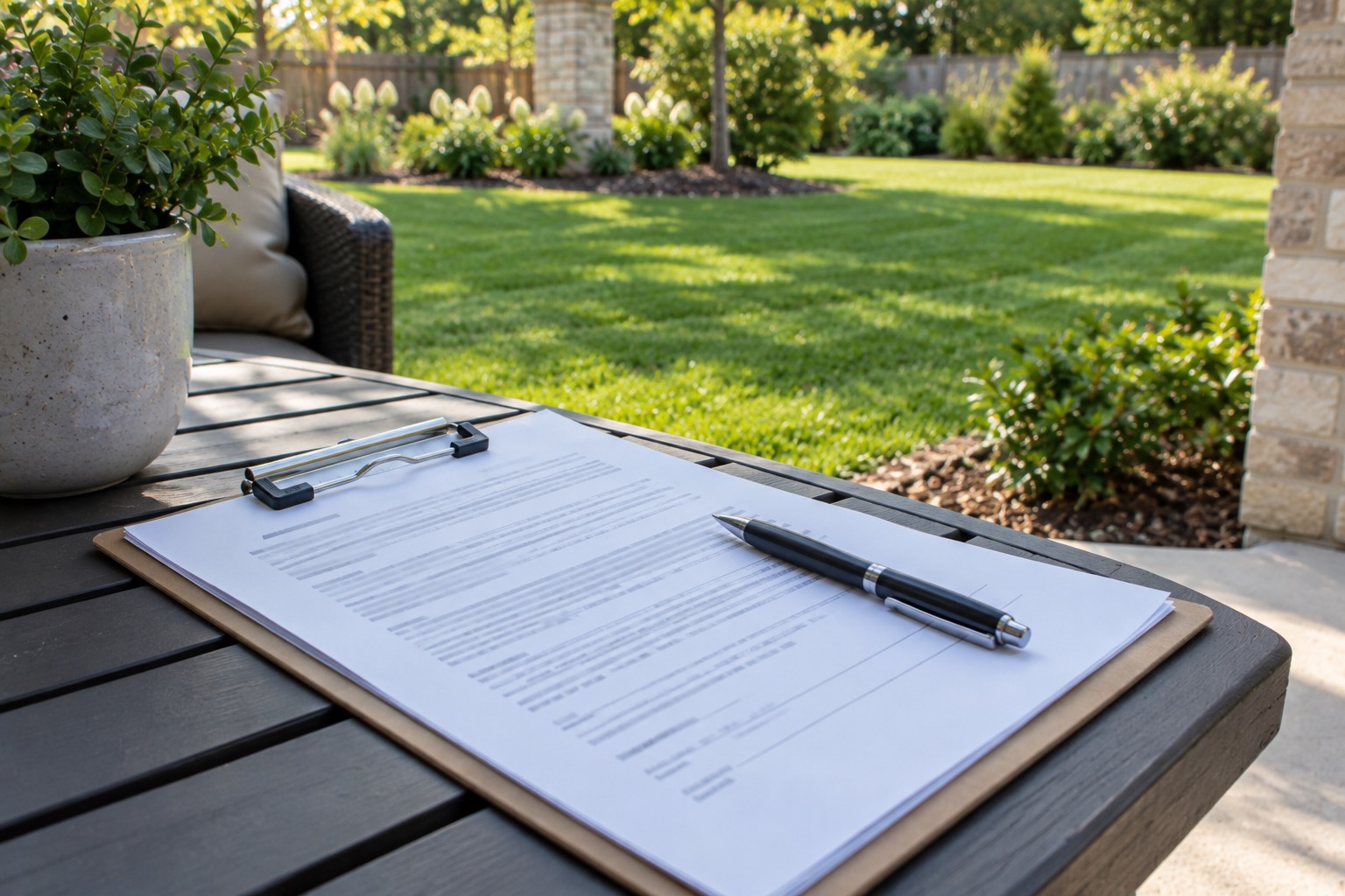 A clipboard with a printed contract and a pen resting on an outdoor table