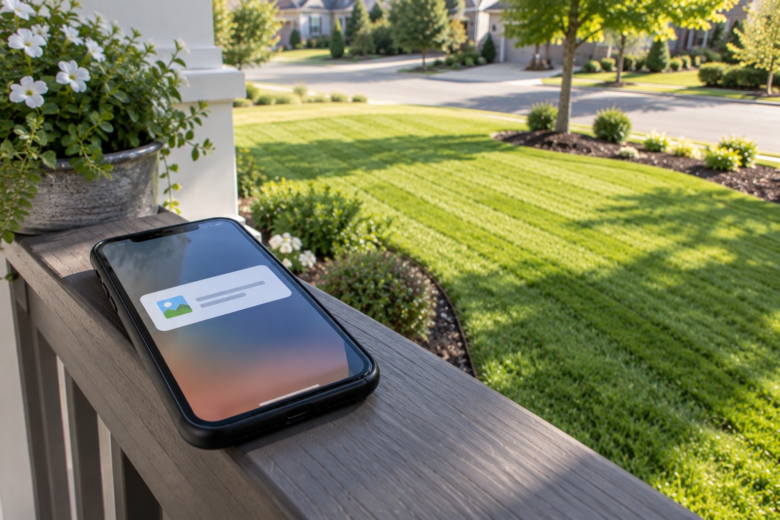A phone resting on a porch railing displaying a visit-confirmation notification, overlooking a freshly mowed front yard