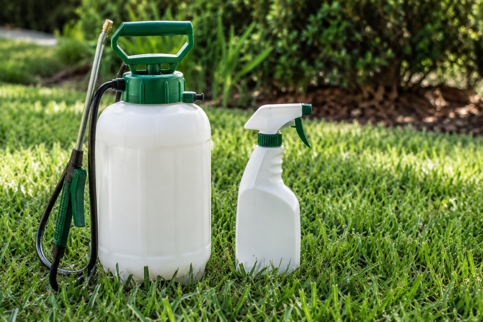 A pump sprayer and a spray bottle sitting side by side on a lawn, representing the two main herbicide product types