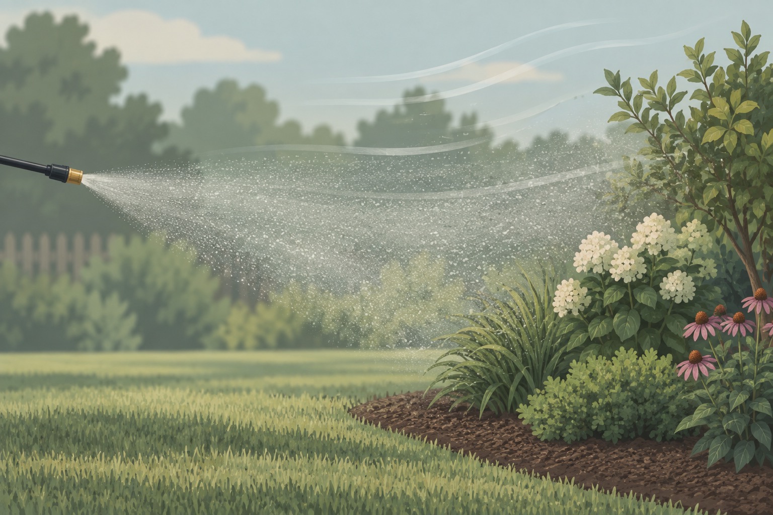 Illustration of herbicide spray drifting on the wind from a lawn toward a nearby garden bed
