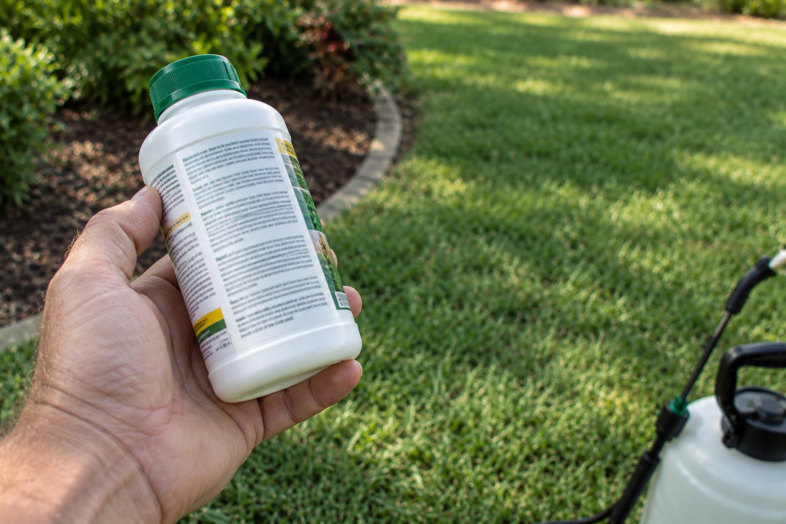 A hand holding a herbicide bottle to read the label text in a backyard
