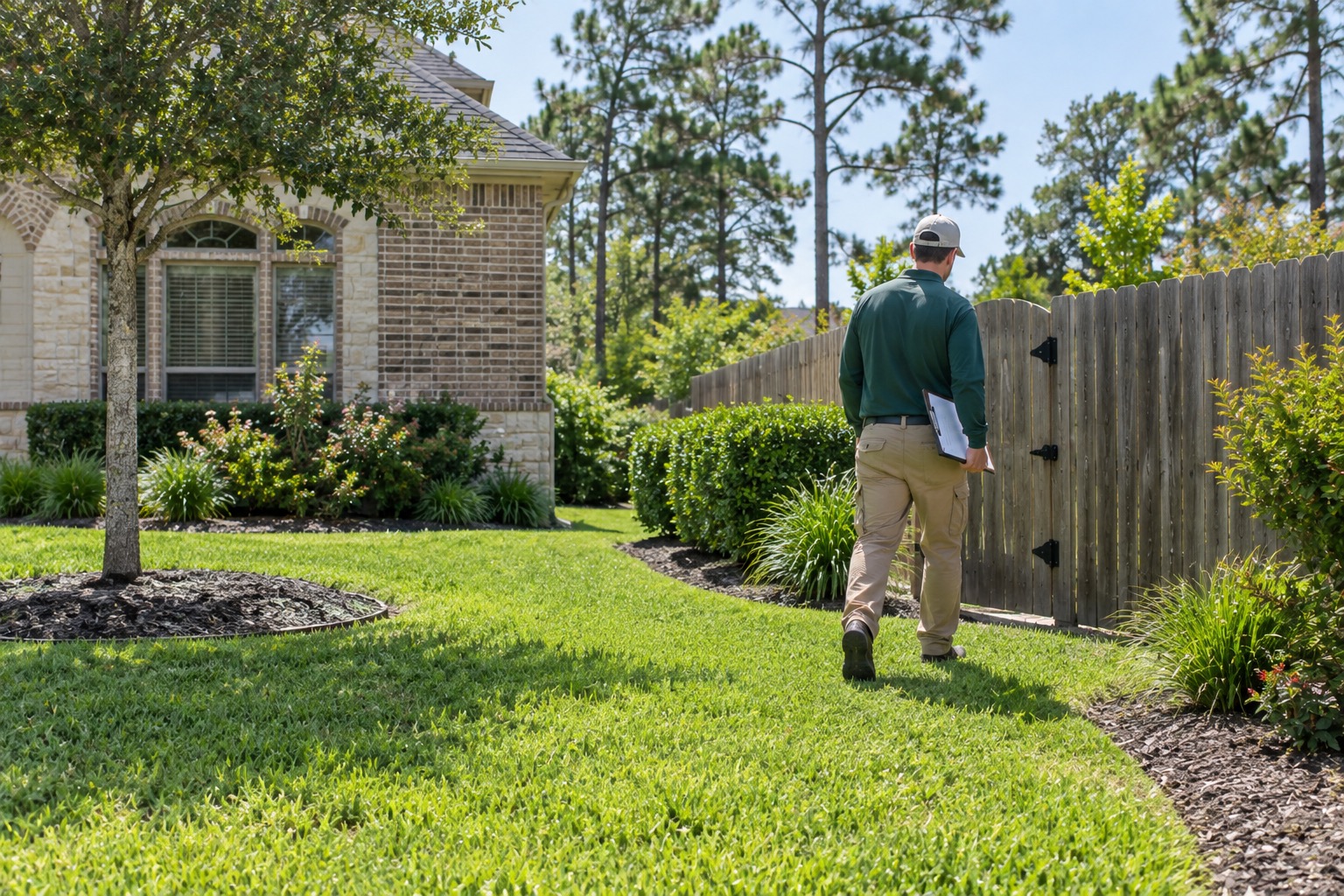 A crew member walking a fenced backyard with a clipboard, checking a gate before starting work