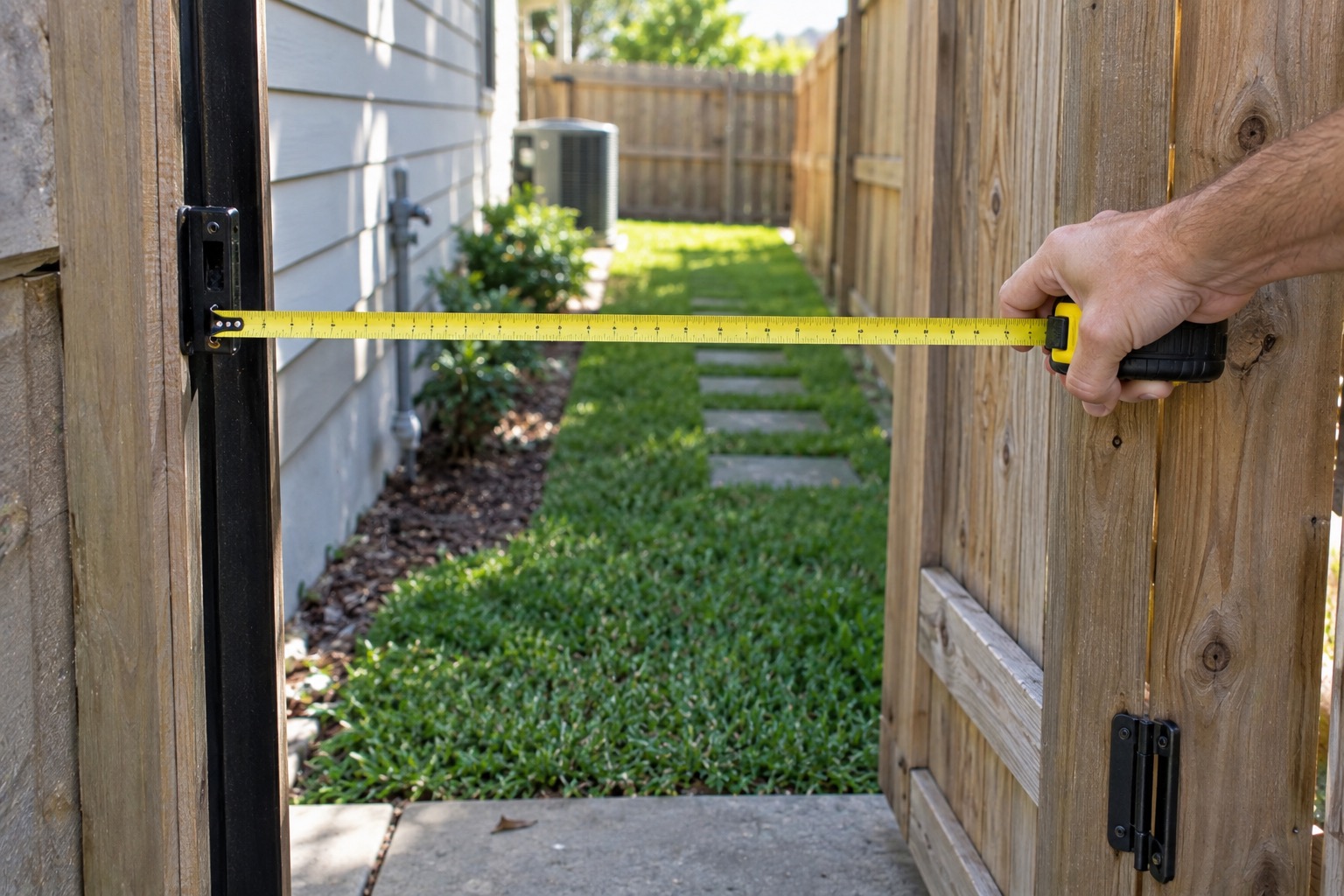 A hand measuring a gate opening with a tape measure