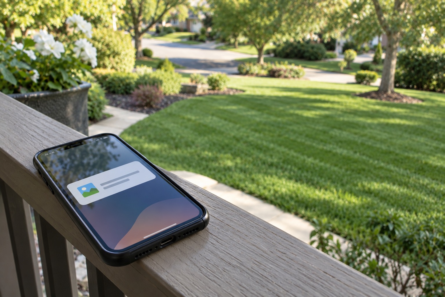 A phone resting on a porch railing showing a photo-confirmation notification, with a freshly mowed lawn in the background