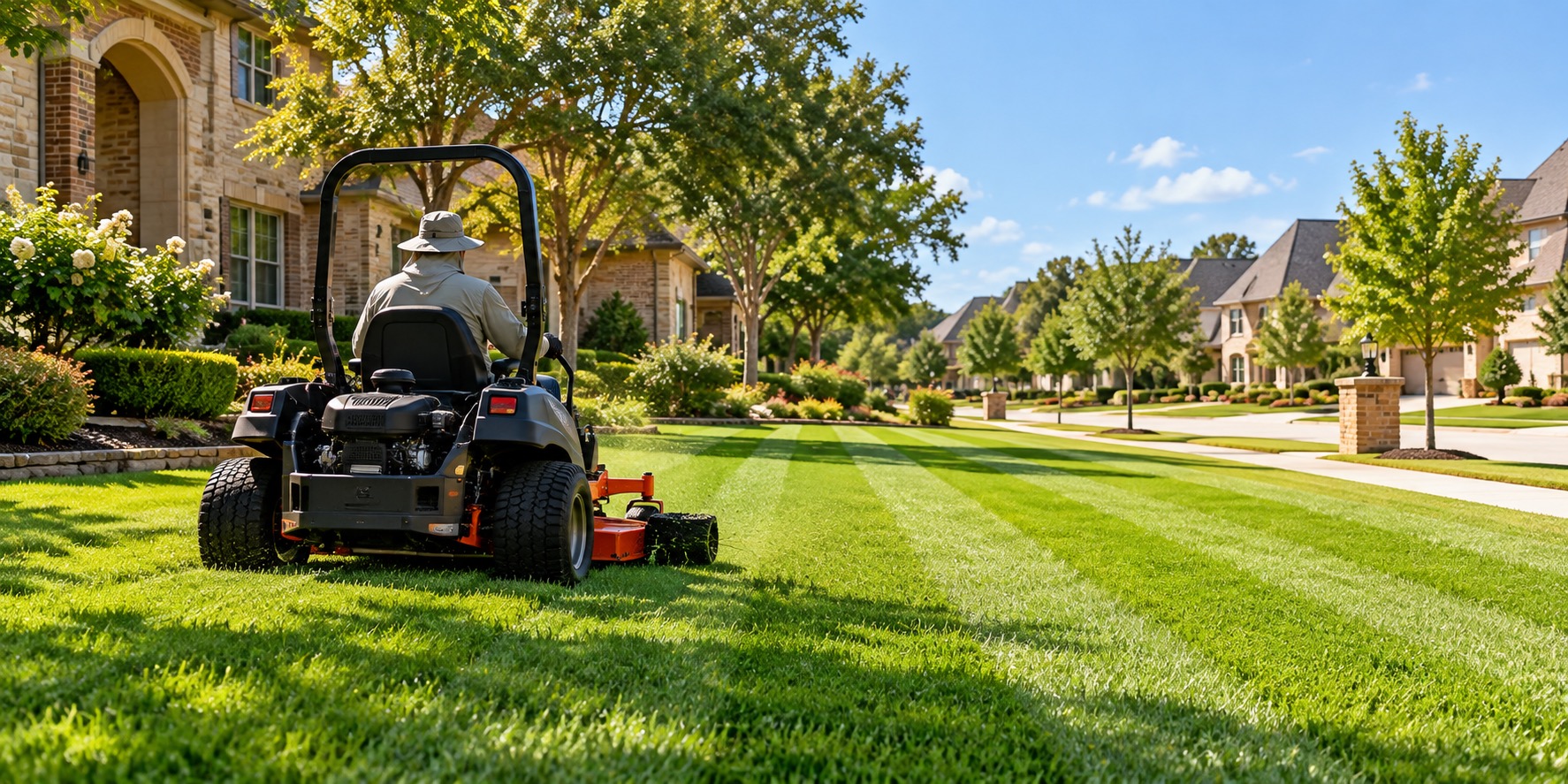 A crew member riding a zero-turn mower across a striped, manicured front lawn in a Cypress-style neighborhood