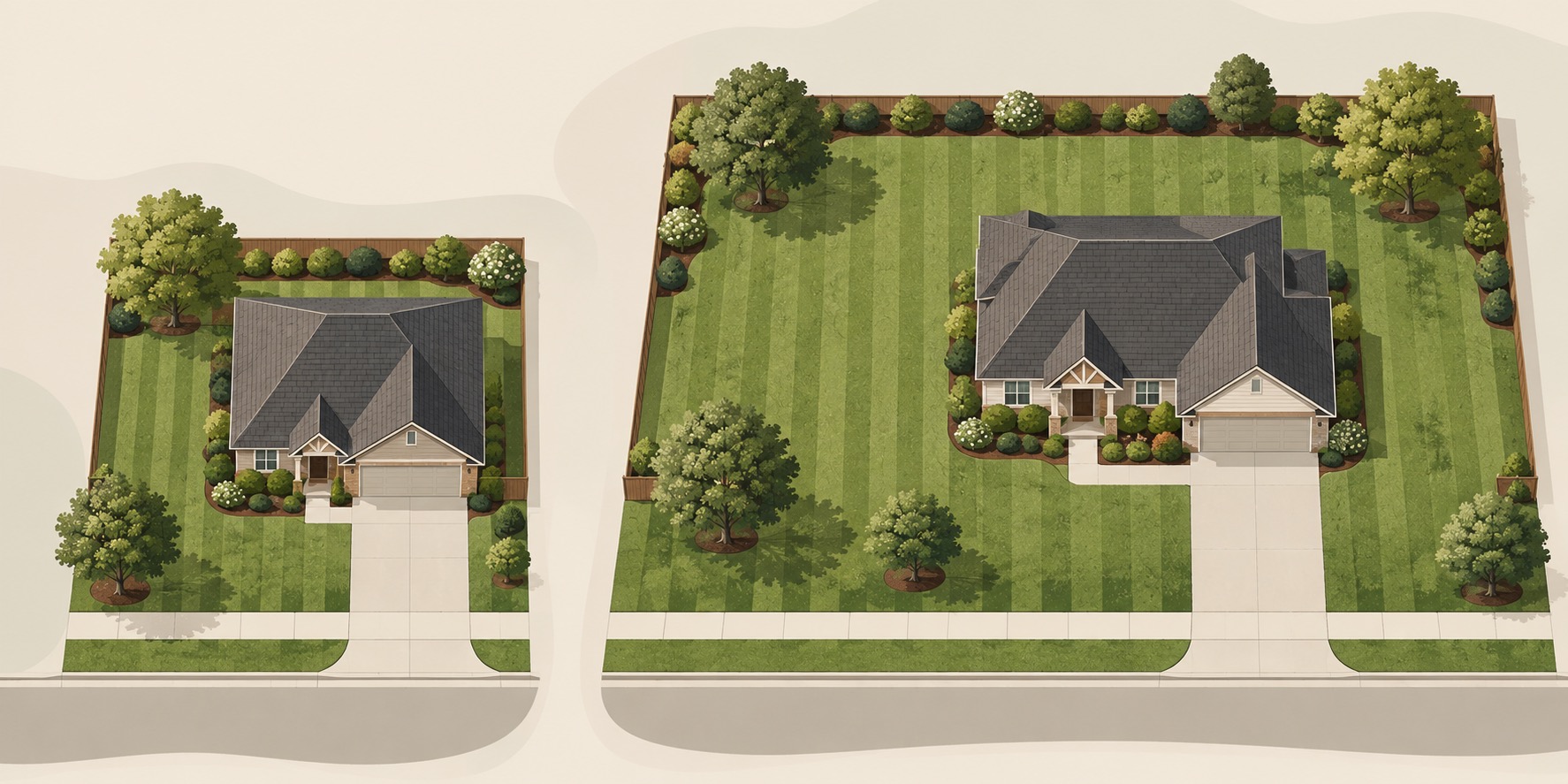 Illustrated comparison of a smaller lawn and a larger lawn, showing how lot size affects mowing time