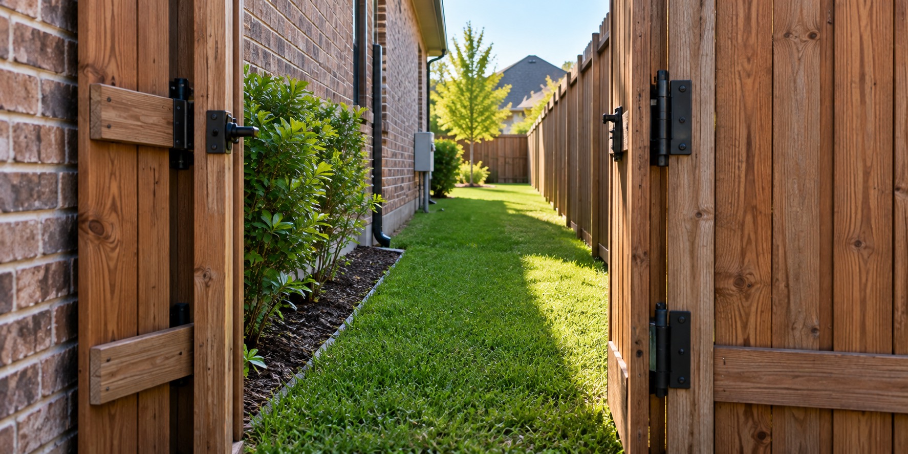 An open wooden side-yard gate leading to a narrow grassy walkway between a house and a fence