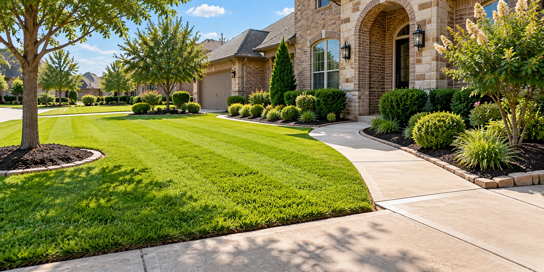 A manicured front lawn with crisp edging along a curved walkway and a well-maintained flower bed
