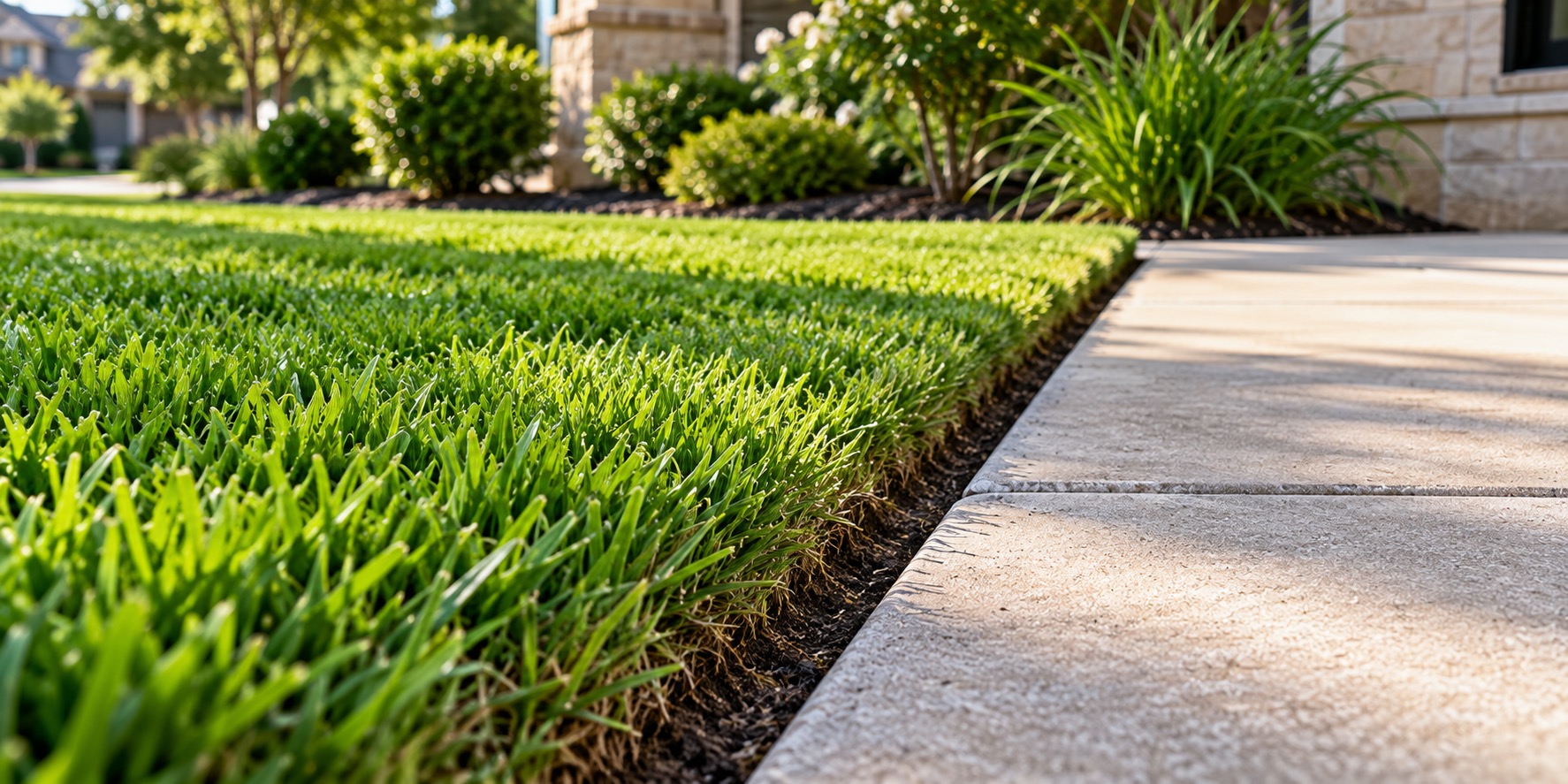 A close-up of a crisp, freshly edged lawn line along a concrete walkway