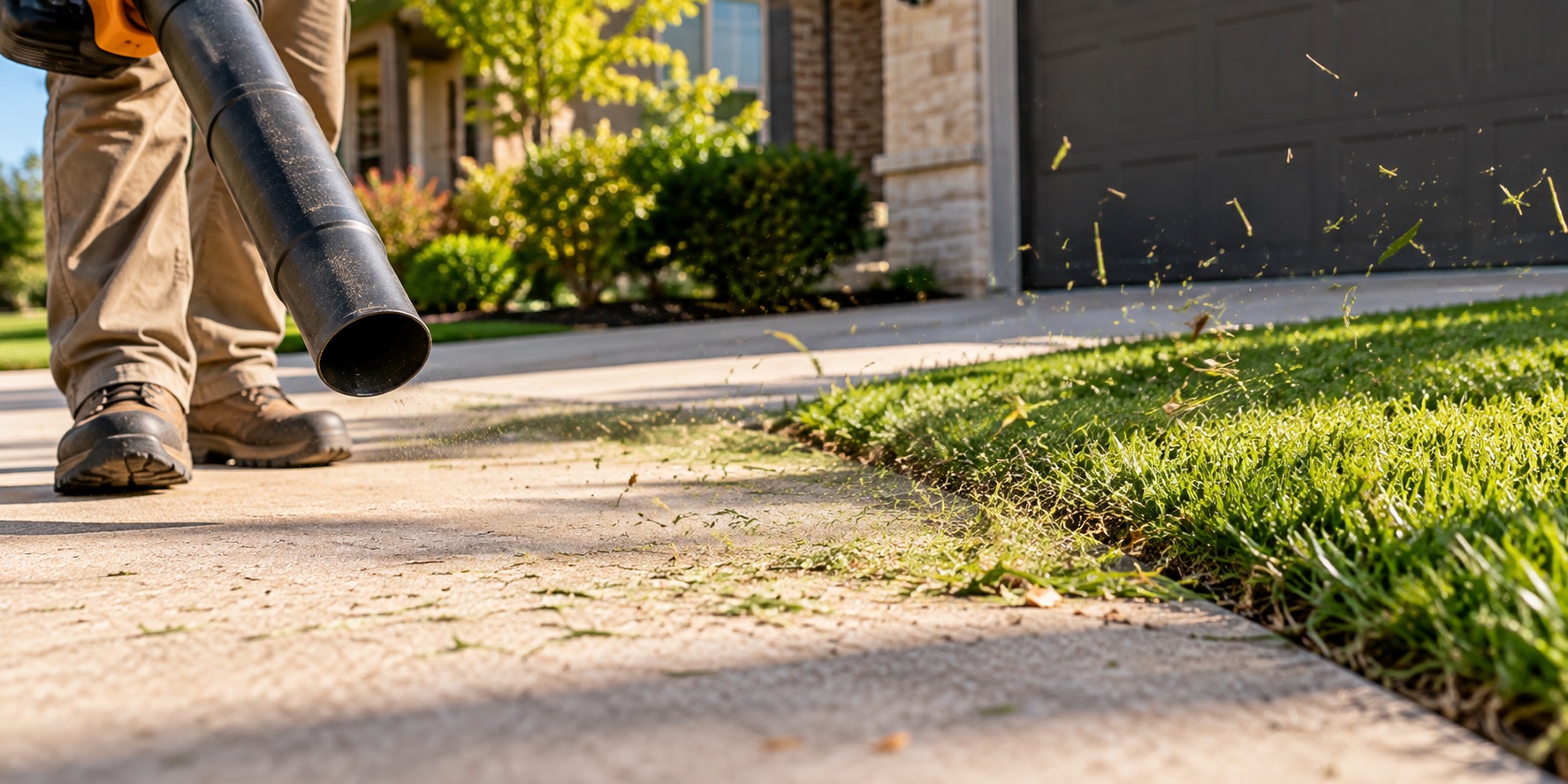 A crew member using a leaf blower to clear grass clippings off a driveway after mowing