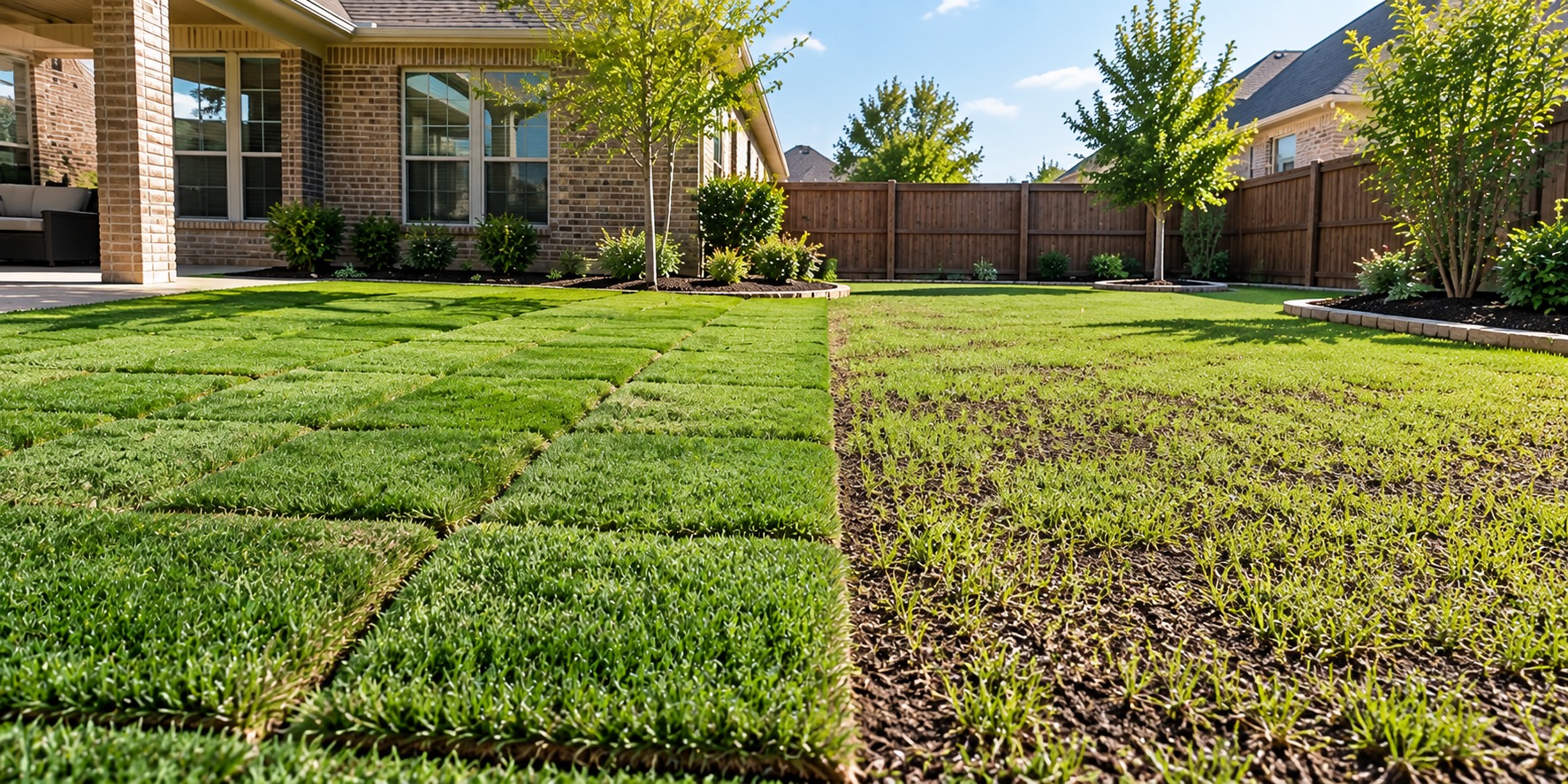 A backyard split down the middle, freshly laid sod on one side and bare seeded soil on the other
