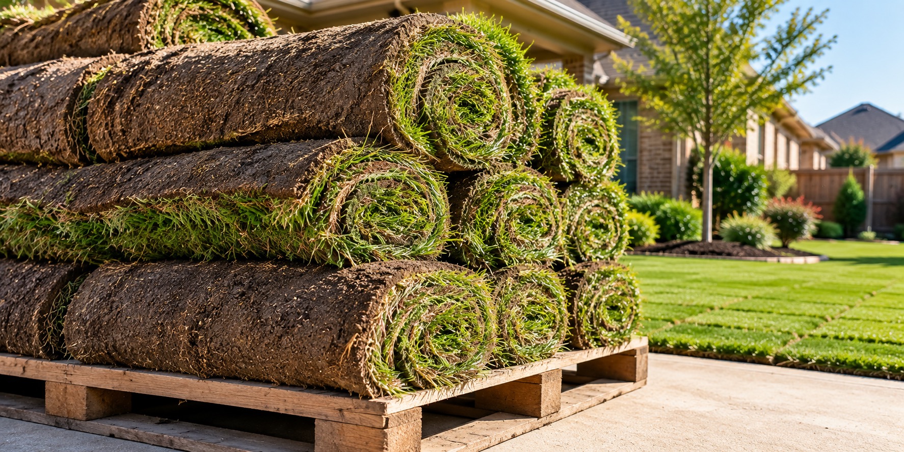 Rolled sod stacked on a wooden pallet in a driveway, ready for installation