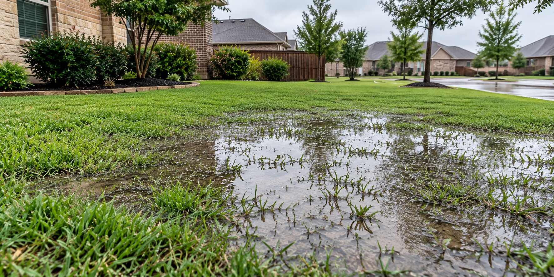 Standing water pooling across a Cypress-area lawn after a rainstorm