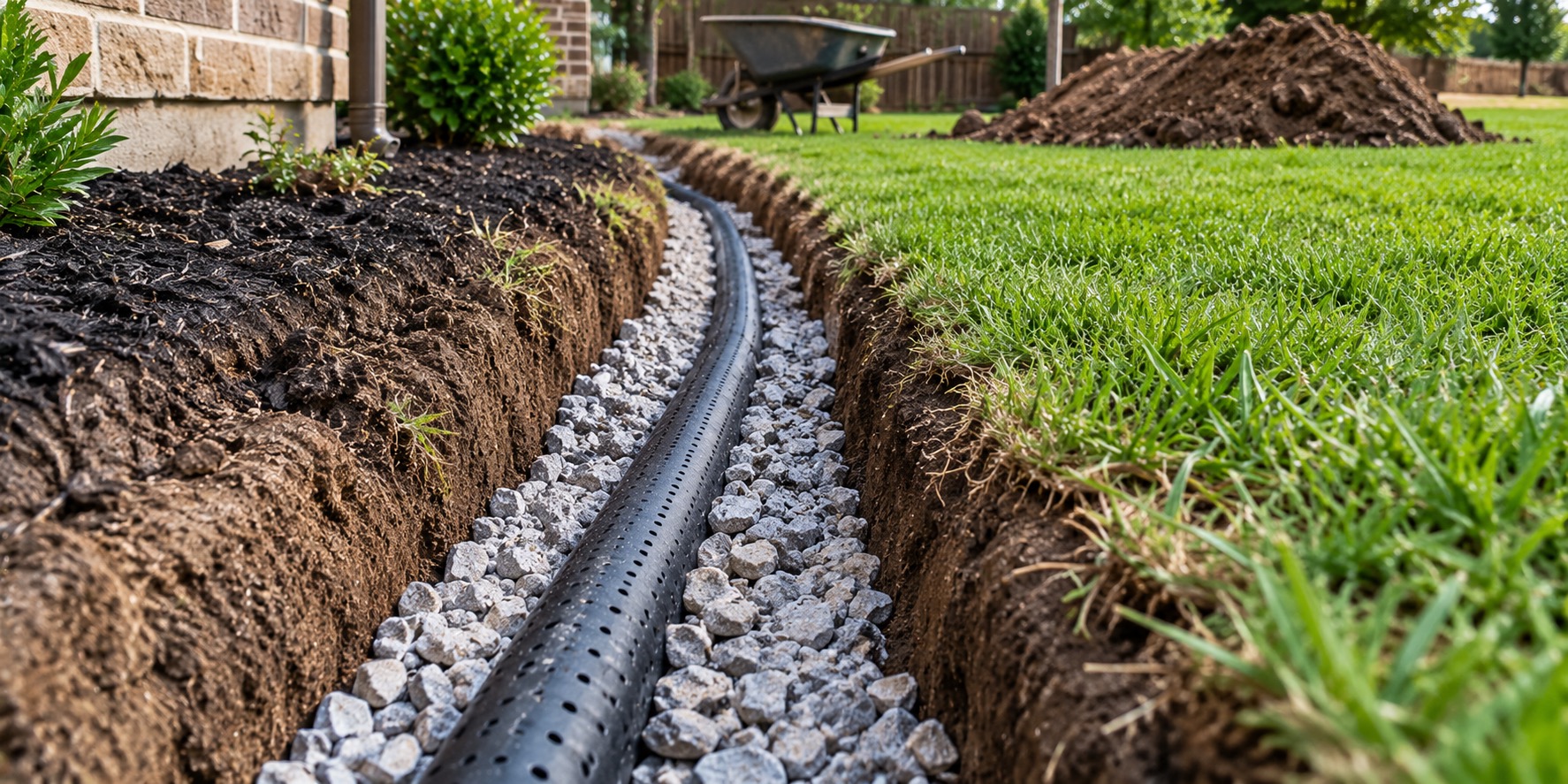 A French drain trench lined with gravel and a perforated pipe running alongside a lawn