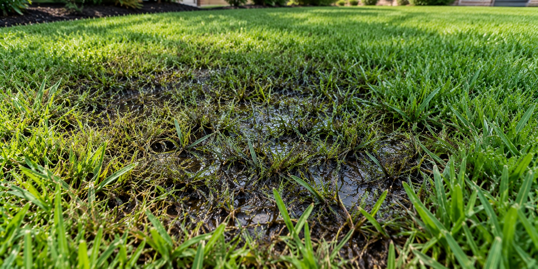 A soggy, waterlogged patch of grass with standing water sitting between blades of turf