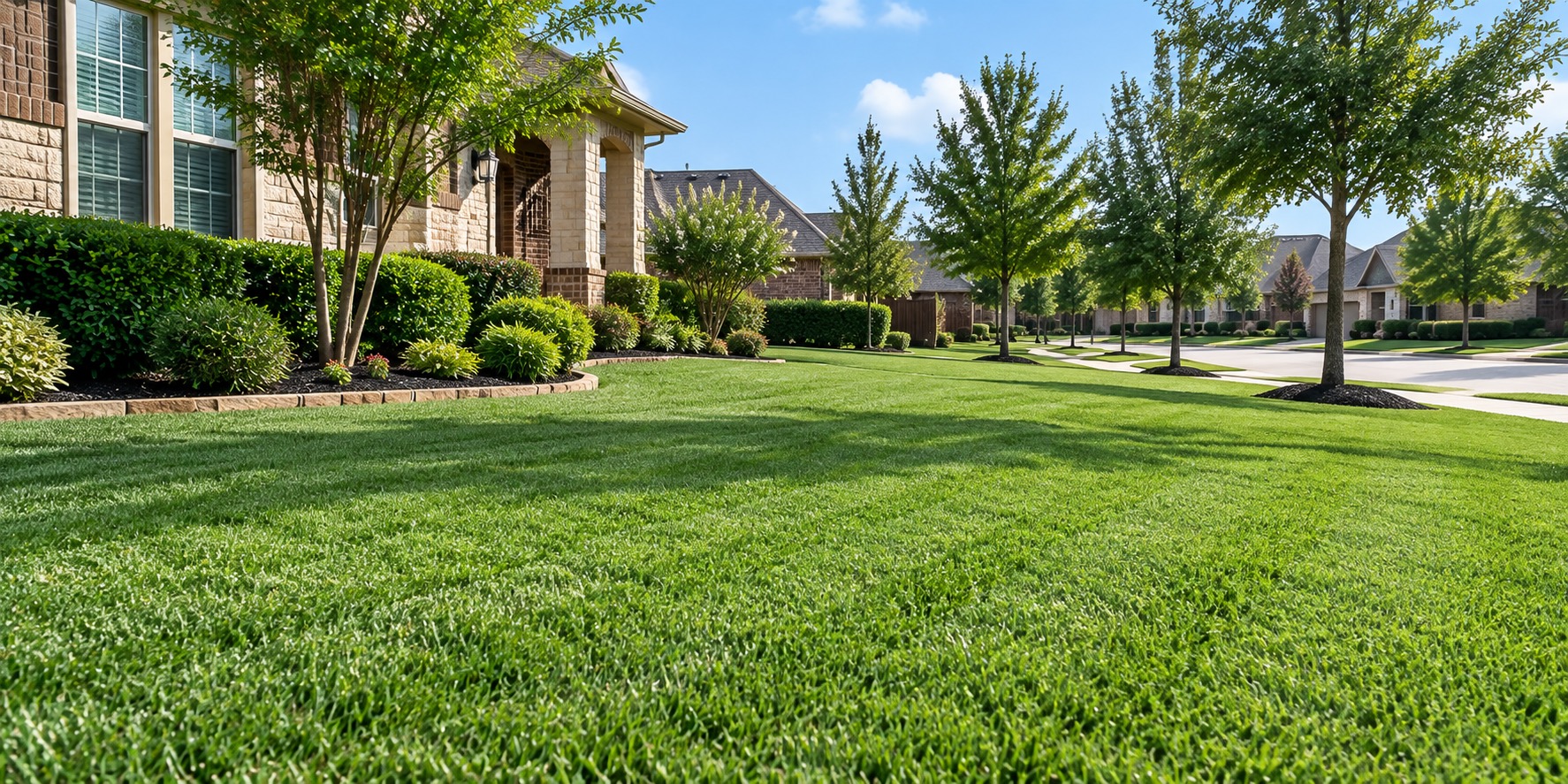 A freshly mowed front lawn in a Cypress-style neighborhood on a sunny day