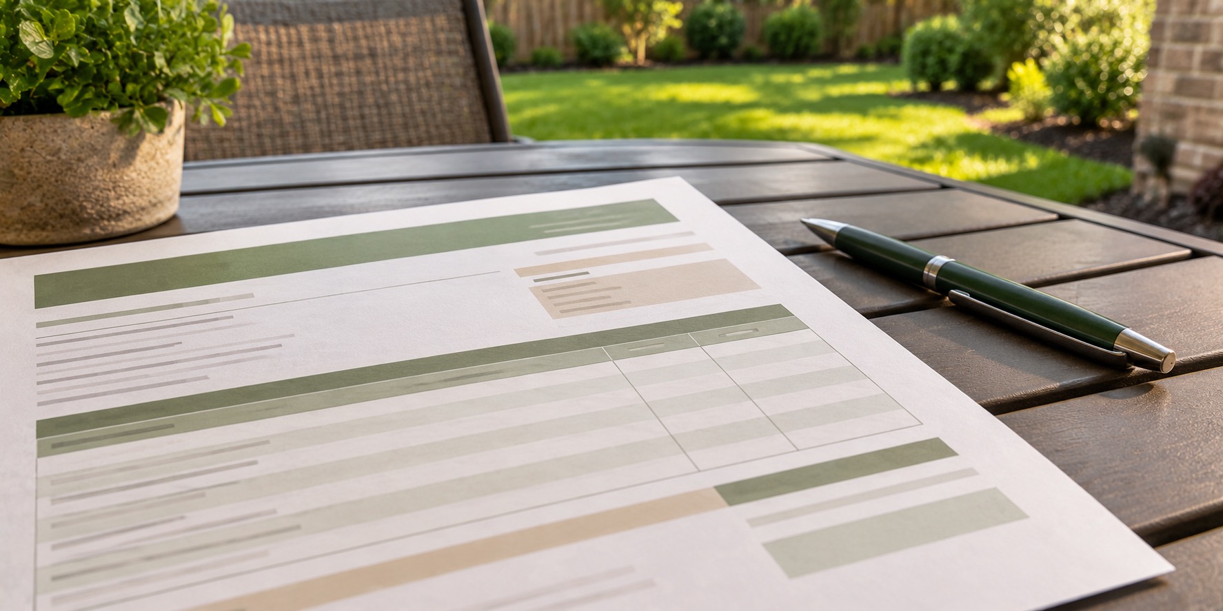 An itemized lawn care quote breakdown on paper with a pen resting beside it on an outdoor table