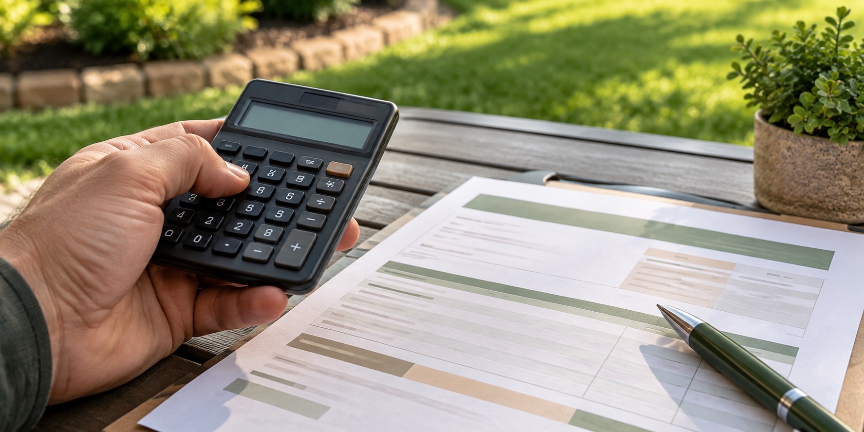 A hand holding a calculator next to a printed quote document on an outdoor table