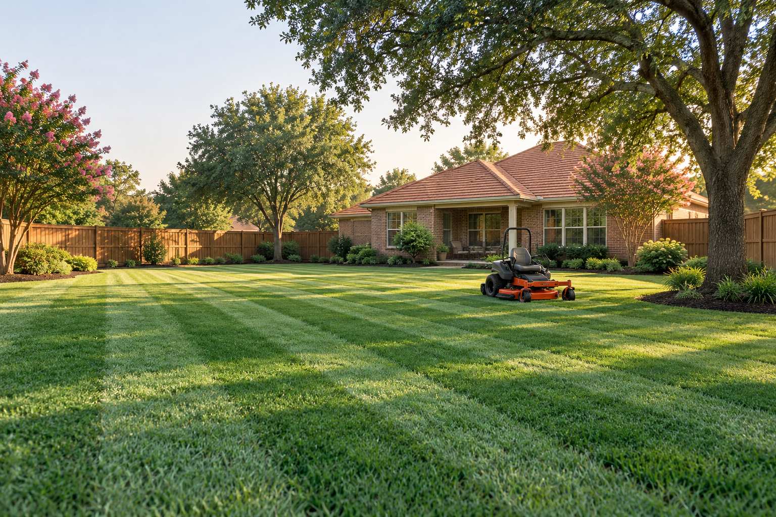 Large Cypress, TX backyard with fresh mowing stripes and a zero-turn mower