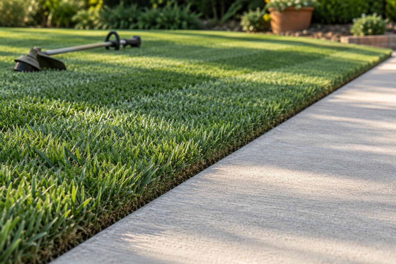 Freshly mowed and edged lawn along a concrete driveway after a mowing visit