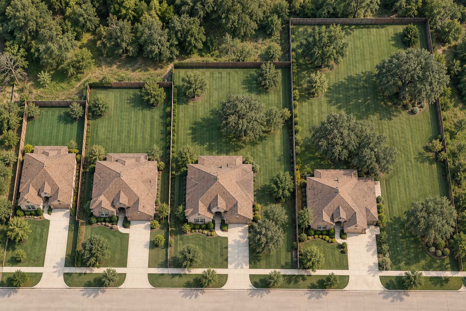 Aerial view of four neighboring residential lots growing from a small yard to nearly one acre, illustrative and not to scale