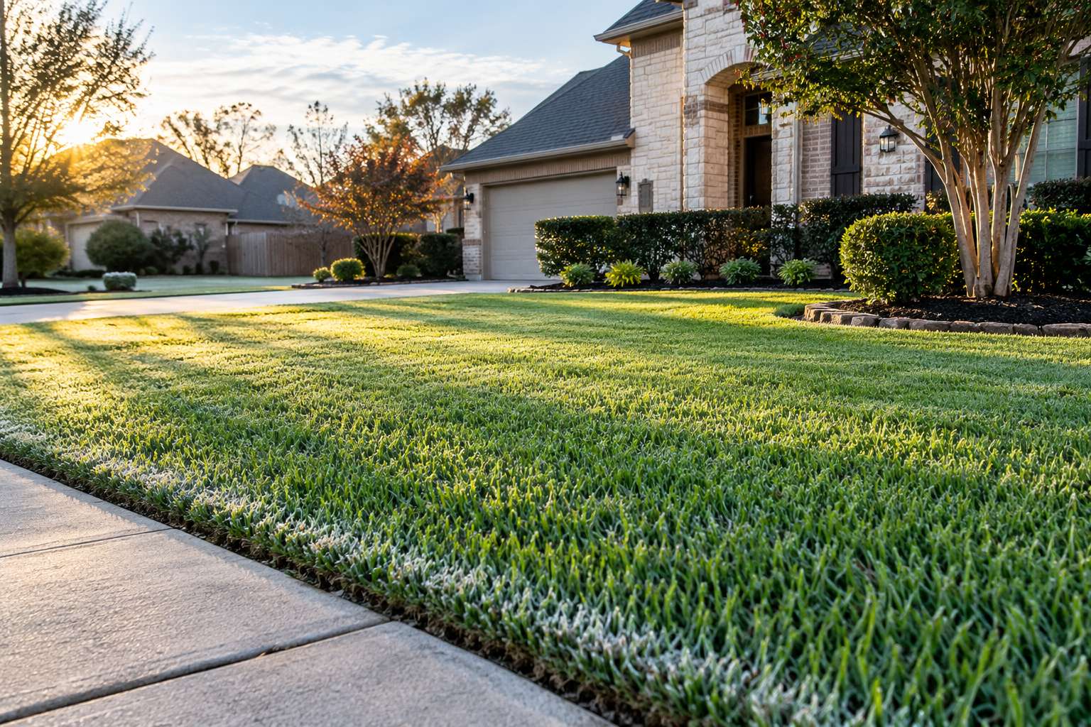 Green St. Augustine lawn on a cool winter morning with light frost on the edges of the grass