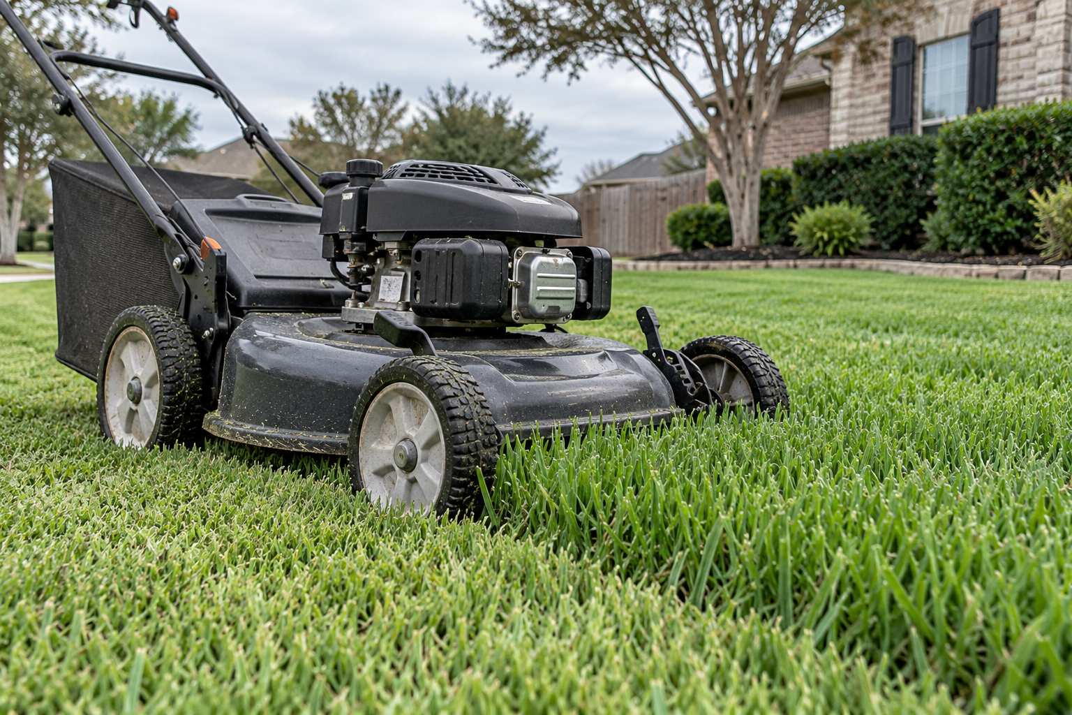 Push mower on a Houston lawn with the cutting deck set high on a cool day