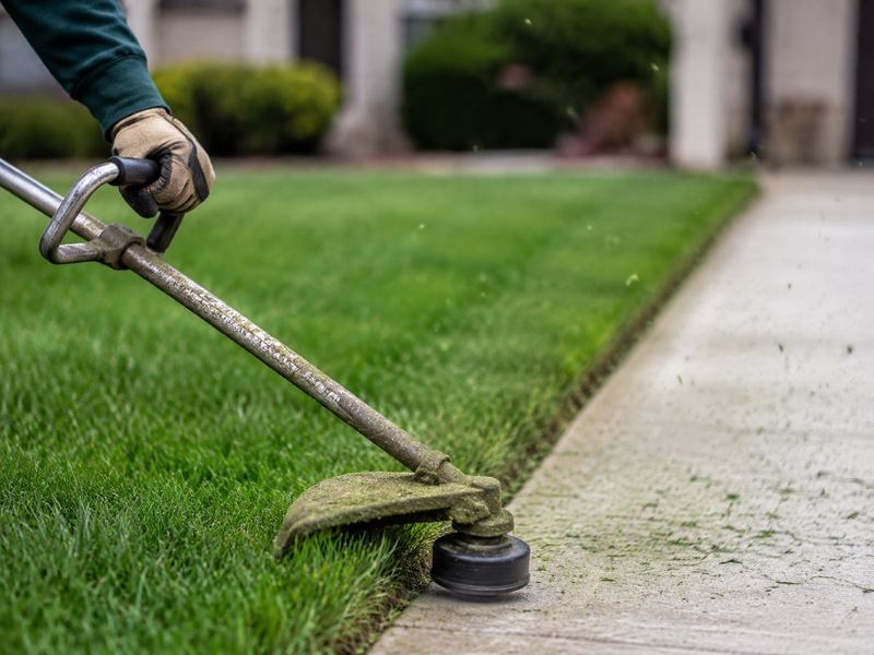 Landscaper edging a driveway with a string trimmer