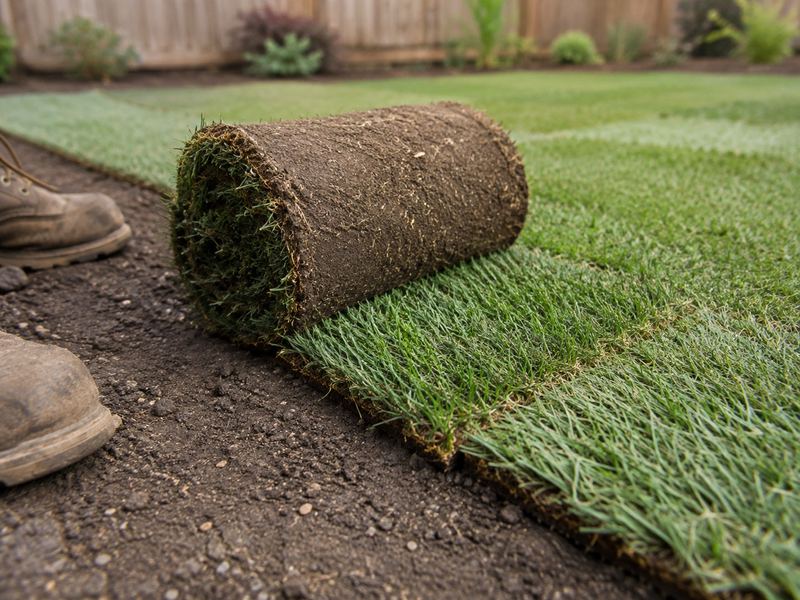 Fresh sod being installed in a backyard