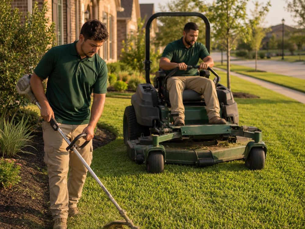 Landscaping crew mowing a front lawn in Cypress, TX